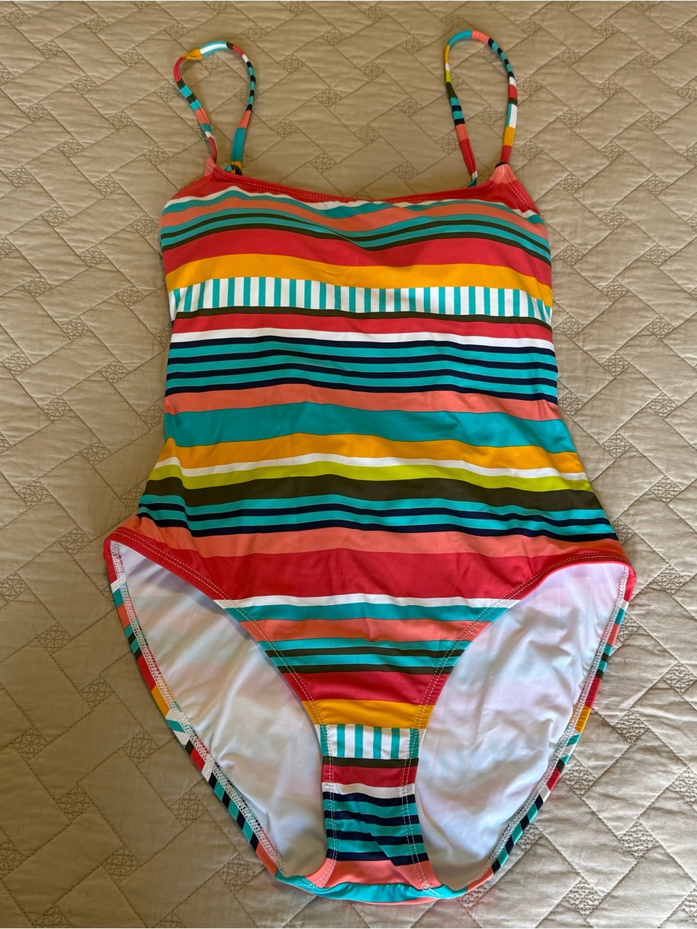 Anne Cole Girls' Striped One-Piece Swimsuit in Teal, Red, Yellow